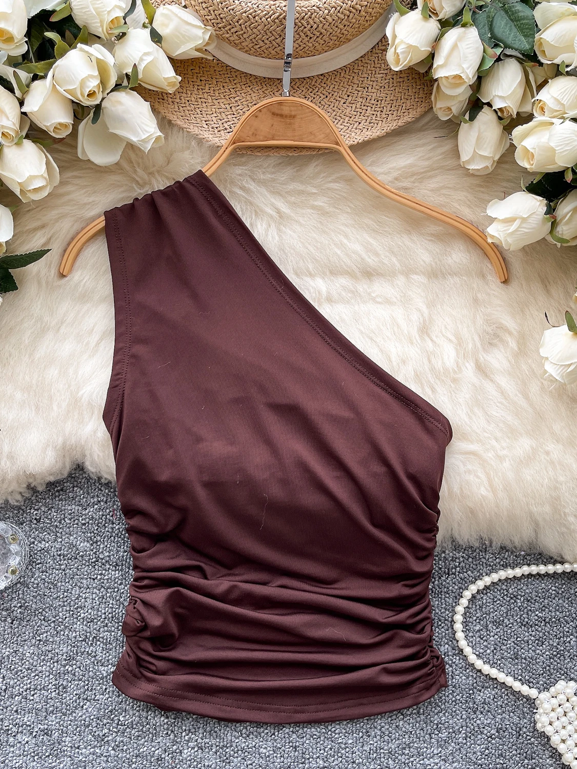 Design Sense perle bouton évider oulder femmes ort Sve haut été plissé coupe ajustée gilet trajet Sle Faion