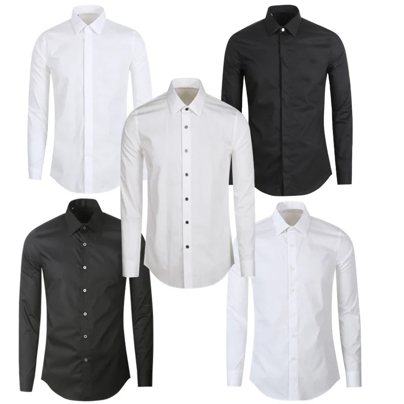 

Clear color long sleeved shirt, fashionable slim fit, black and white plus size versatile base shirt