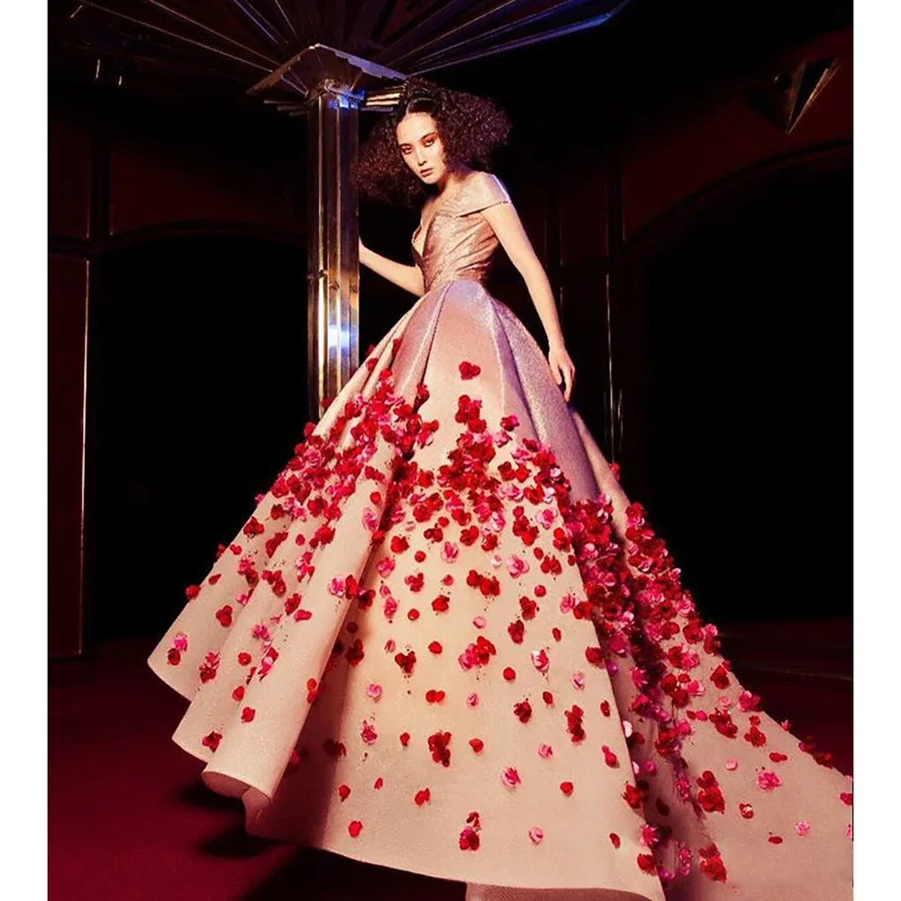 Pink Floral Prom Dresses Elegant Off the Shoulder 3D Flowers A-Line Gowns Fashion Sweep Train Birthday Evening Party Dress