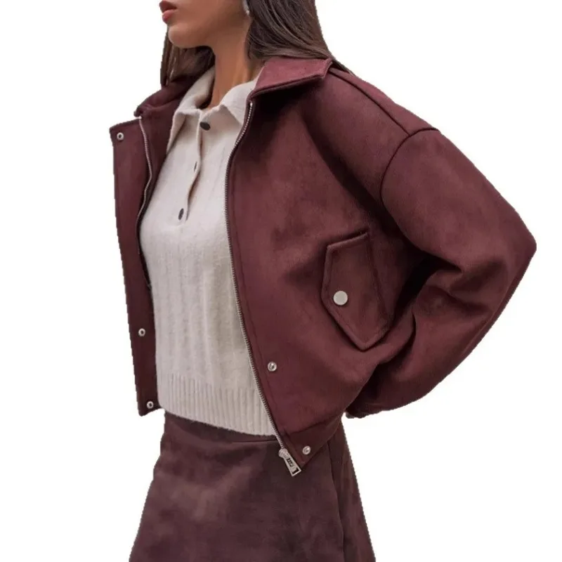 Fashionable Women's Suede Coat 2025 Autumn Comfort Turn Down Collar Zipper Fly Pockets Female Coat Korean-Style Jacket For Lady