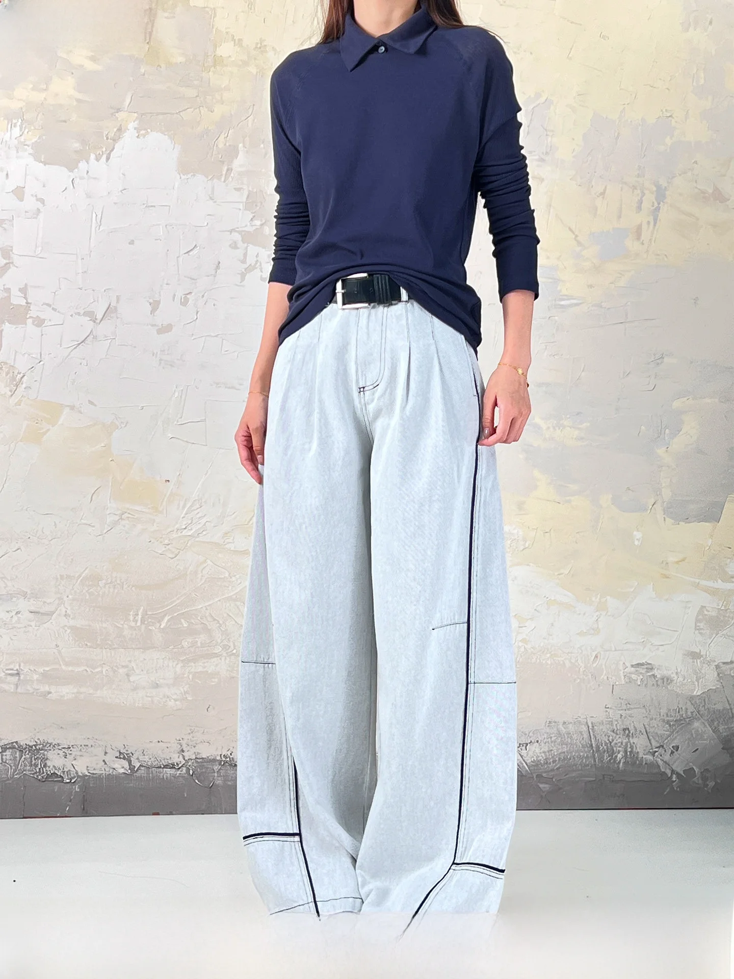 

Waed Denim Wide Leg Casual Pants Women's High Waist Straight Cut Trousers Color Blo Stitching Casual Cotton Jeans