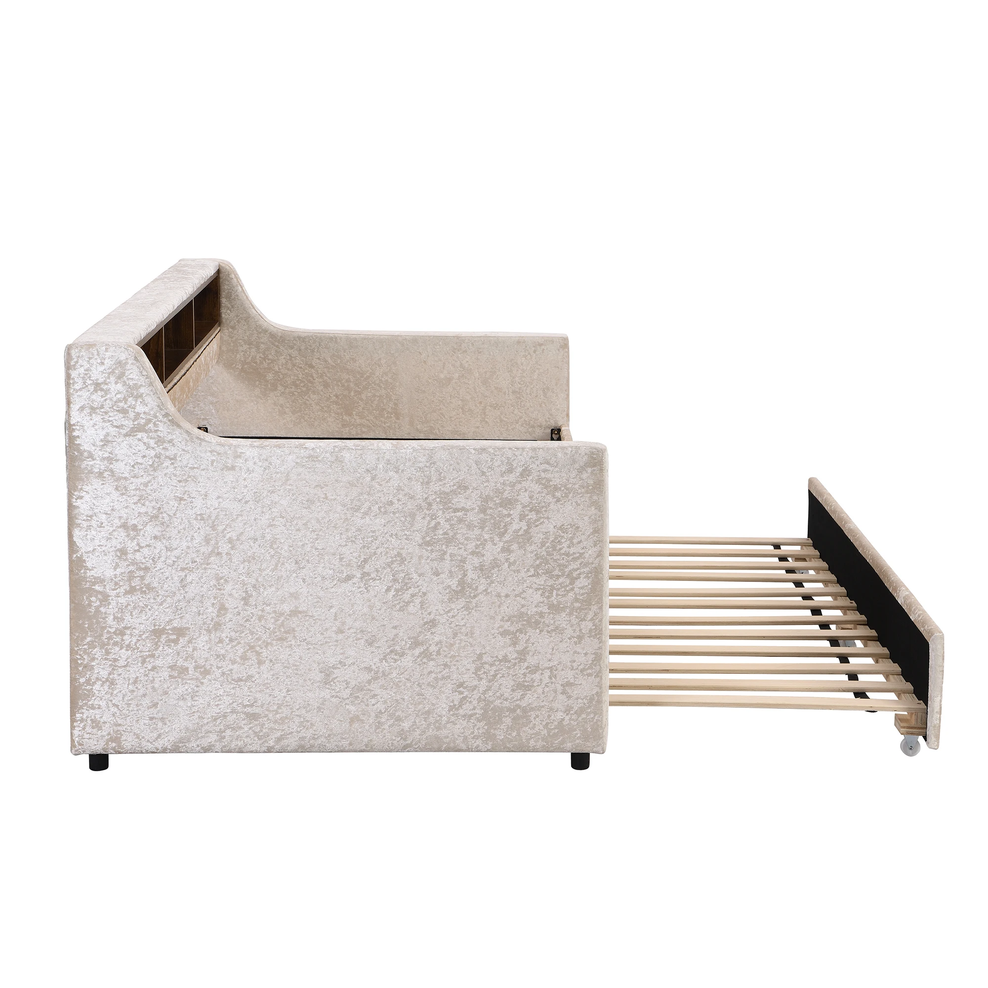 Tweelingformaat Sneeuwvlok Fluwelen Ligbed Met Uitschuifbaar En Ingebouwde Opbergplanken, Beige