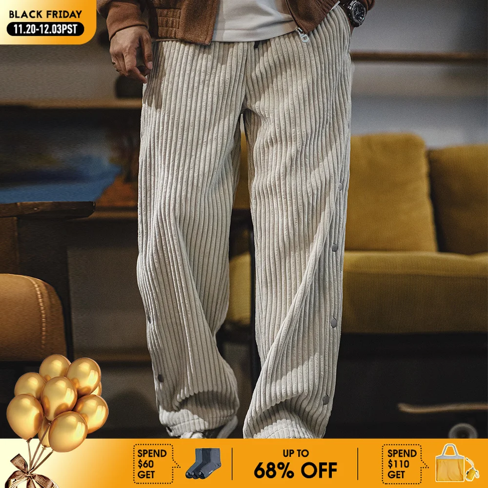 

Maden Retro Fall Corduroy Snap-up Sweatpants Loose Elastic Waist Sports Casual Straight-leg Pants for Men's Winter Warm Trousers