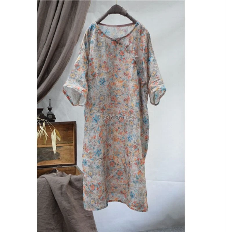 

2024 chinese retro flower printed zen tea dress cotton linen printing improved round collar half sleeve loose cheongsam dress