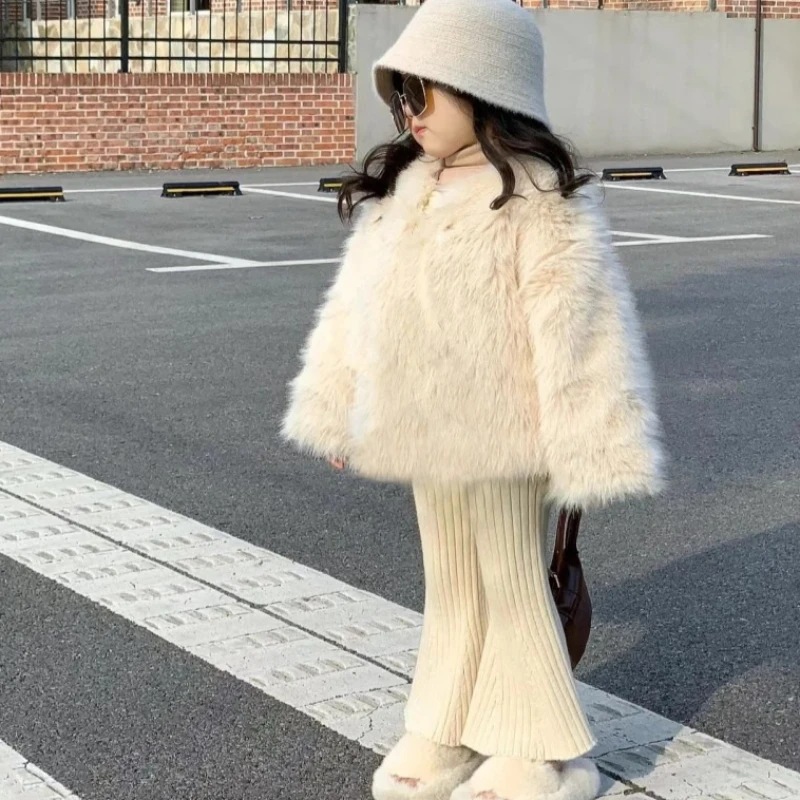 

Children Faux Fox Fur Coats Kids Fur Jacket V Neck Long Sleeves Coverd Button Thick Warm Fur Loose Casual 2025 Autumn Winter