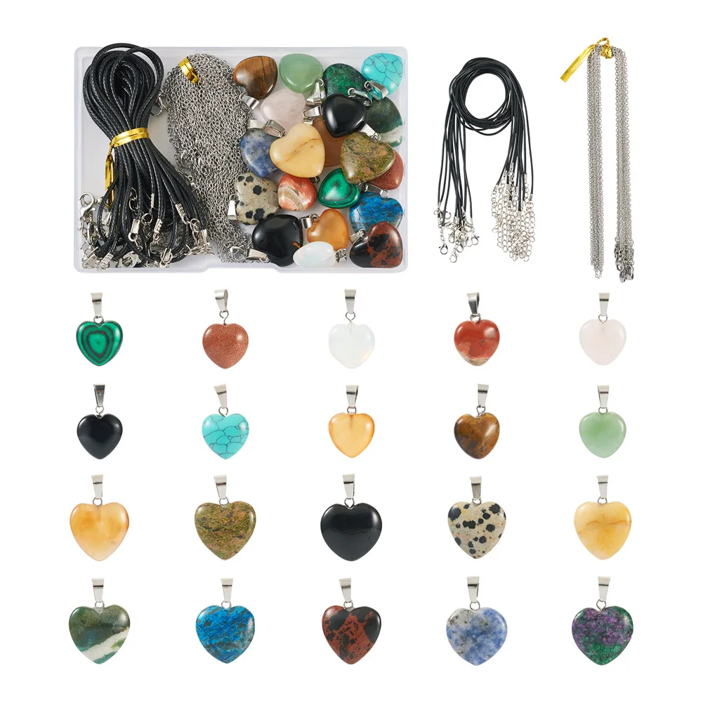 

1 Box Heart Natural & Synthetic Mix Gemstone Pendant Assorted Style Chakra Charms Waxed Cord Metal Chain DIY Necklace Making Kit