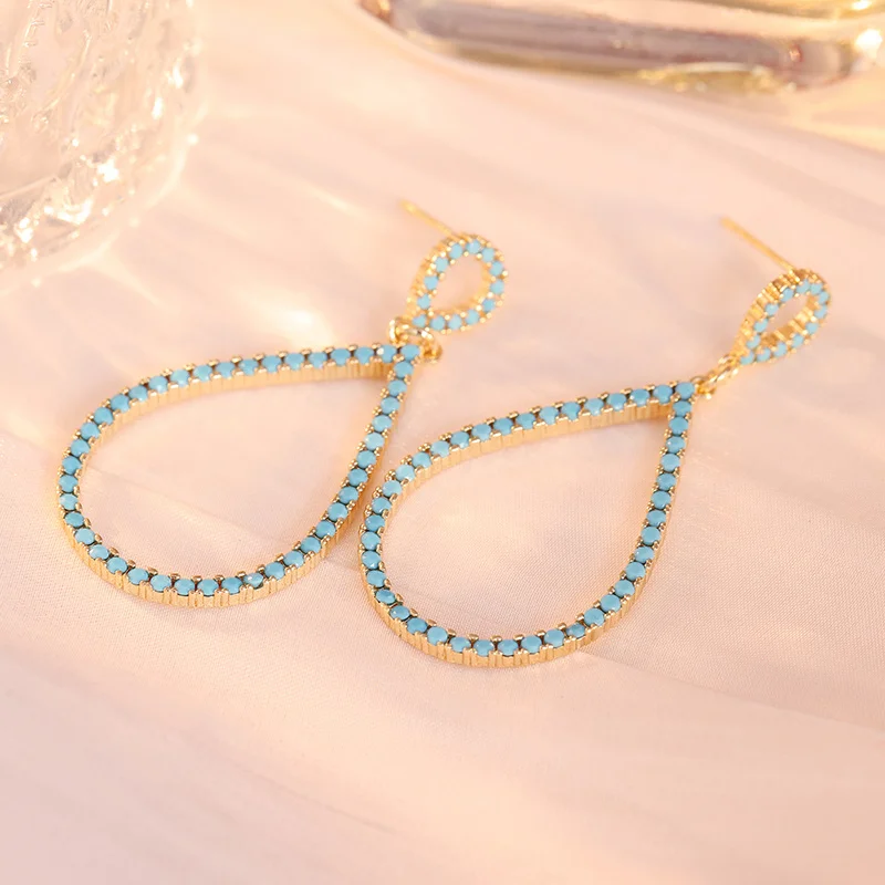Vintage Luxury Water Droplet Hollow Hanging Earrings With Synthetic Turquoise Women's Elegant Banquet Earrings Jewelry