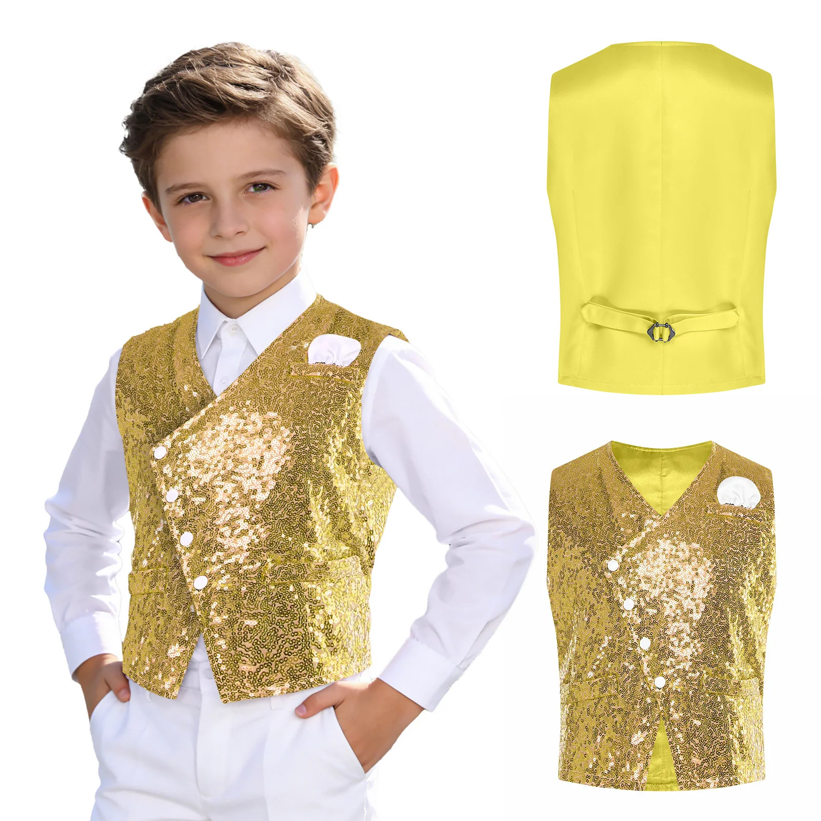 Children's Vests Kids Boys Sequin Waistcoat Fashion Button-down Vest Birthday Party 70s Disco Prom Dance Costume 4-14 Tank Top