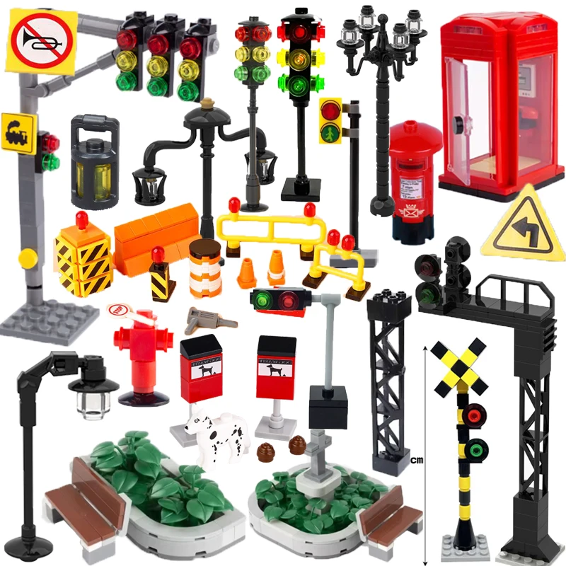 City Building Blocks Module Street View Accessories Traffic Lights Toilet Mailbox Accessories Barricade Track Flower Bed X022