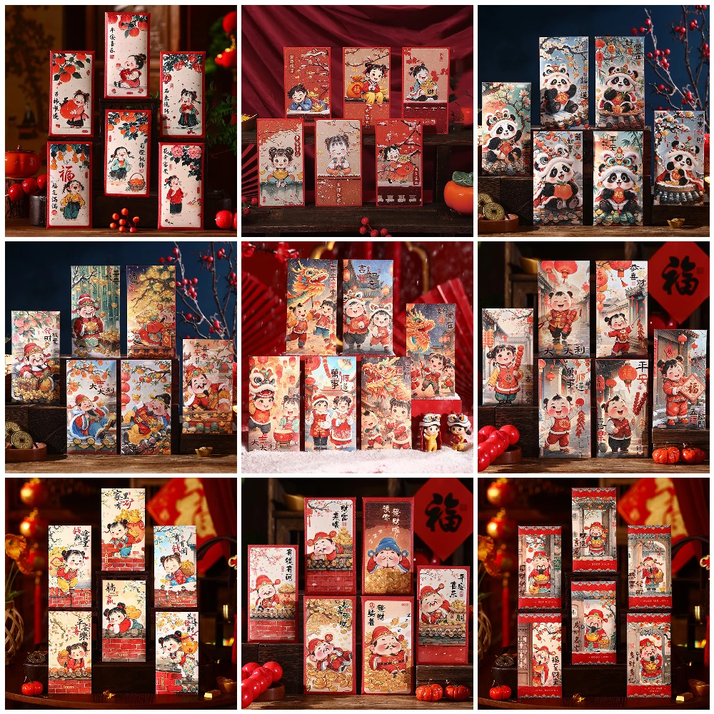 6-12pcs Red Envelopes 2025 Lunar New Year Red Packet Cartoon Panda Fuwa for Kids Elders New Year's Eve Money Chinese Hong Bao