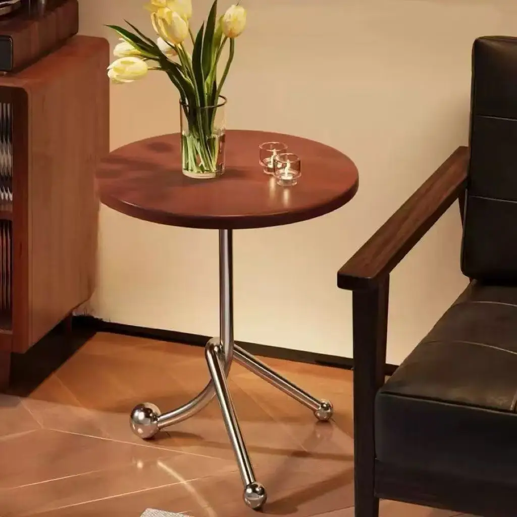 Vintage-Inspired Stainless Steel Round Side Table | Retro Coffee Shop/Milk Tea Store Accent Table | Balcony Leisure Tea Table