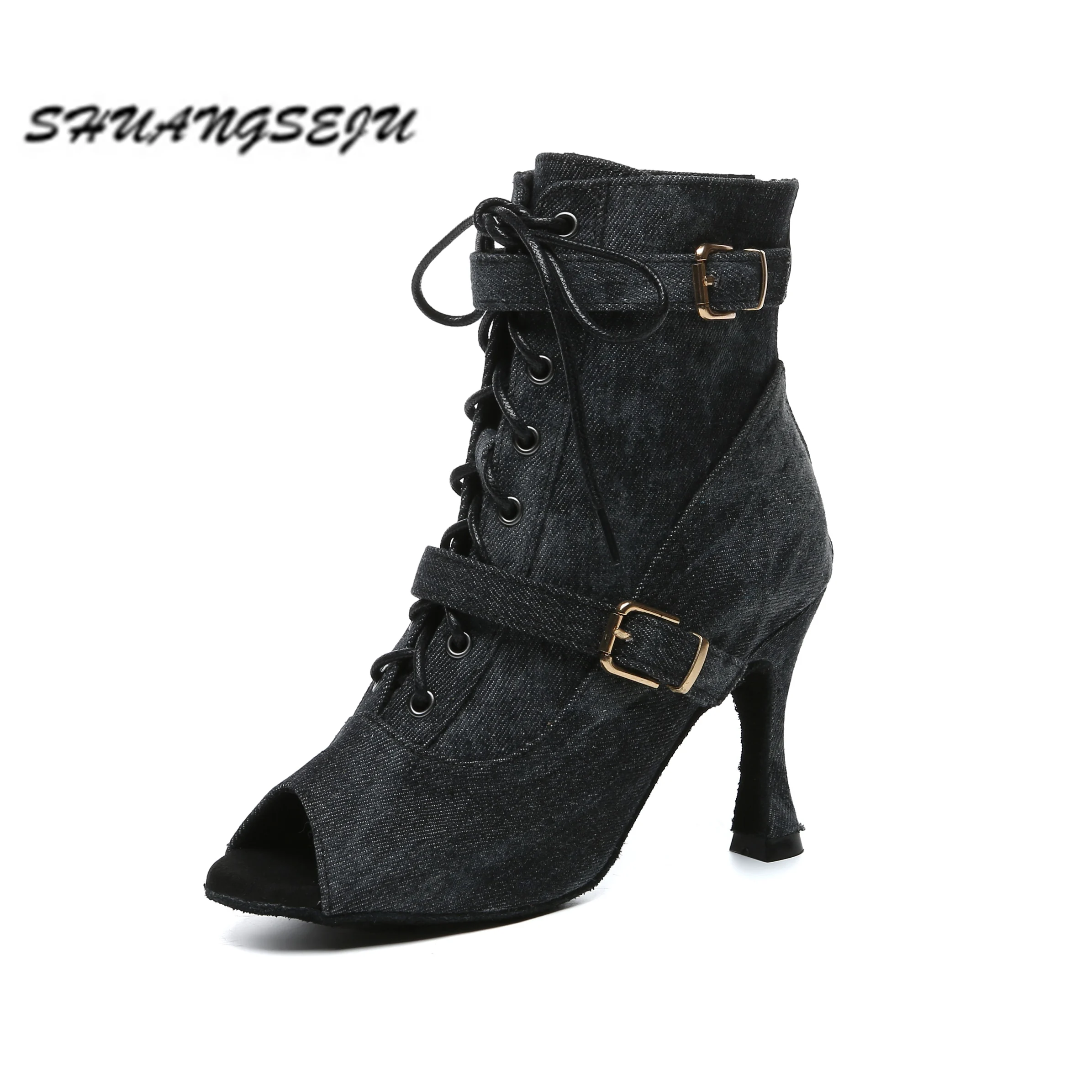 

SHUANGSEJU/Женские серые джинсовые туфли для латинских танцев, джазовые ботинки на высоком каблуке, пикантные танцевальные туфли «рыбий рот», высокие кеды для бачата, мягкая подошва