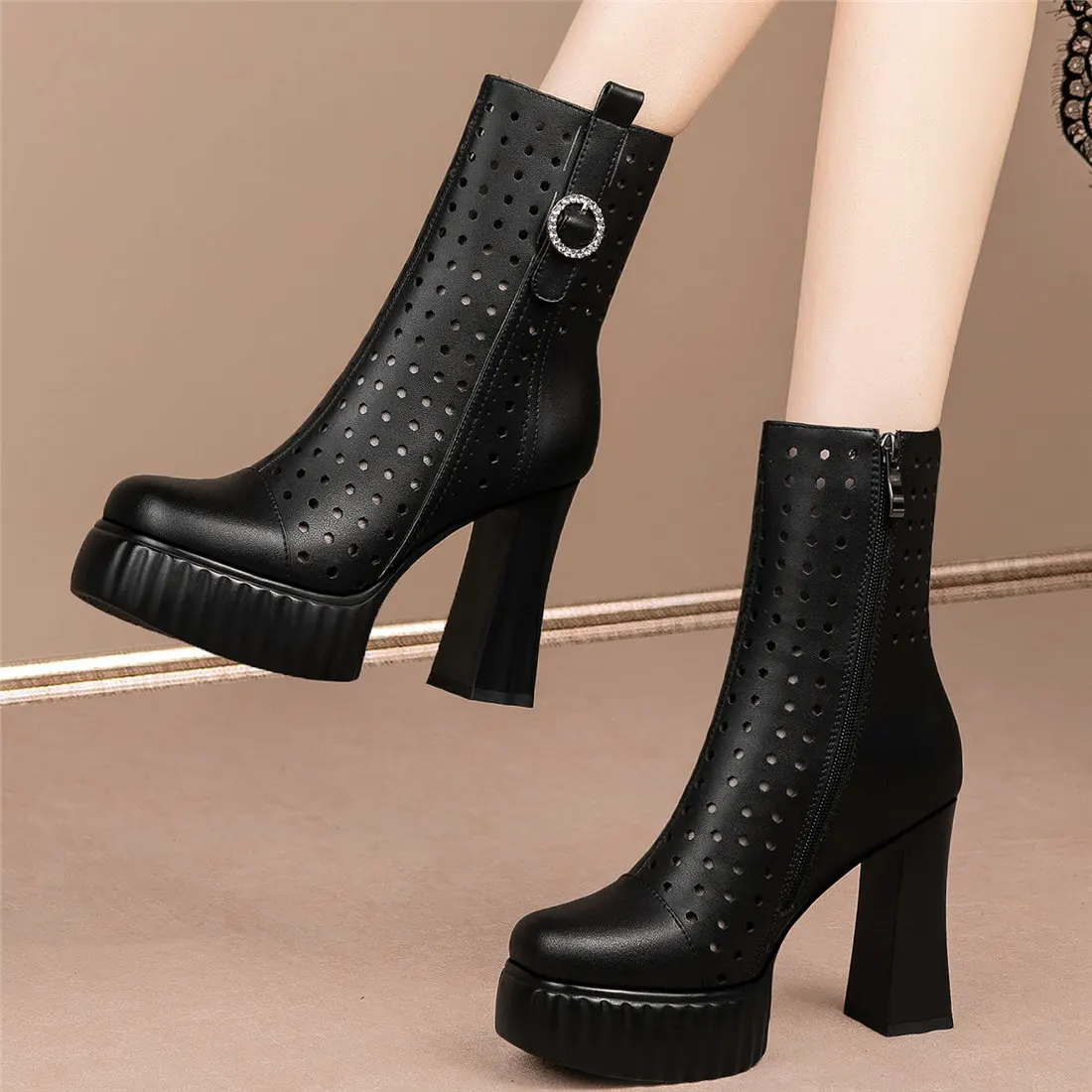 

Summer Platform Pumps Shoes Women Hollow Genuine Leather High Heel Ankle Boots Female Round Toe Gladiator Sandals Casual Shoes