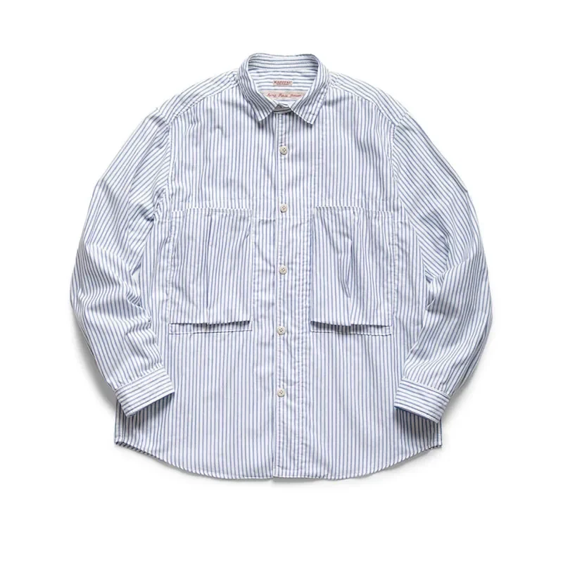 24AW KAPITAL Hirata Hiroshi Japanese Casual Two Pocket Blue and White Stripe Lapel Loose Long Sleeved Shirt for Men