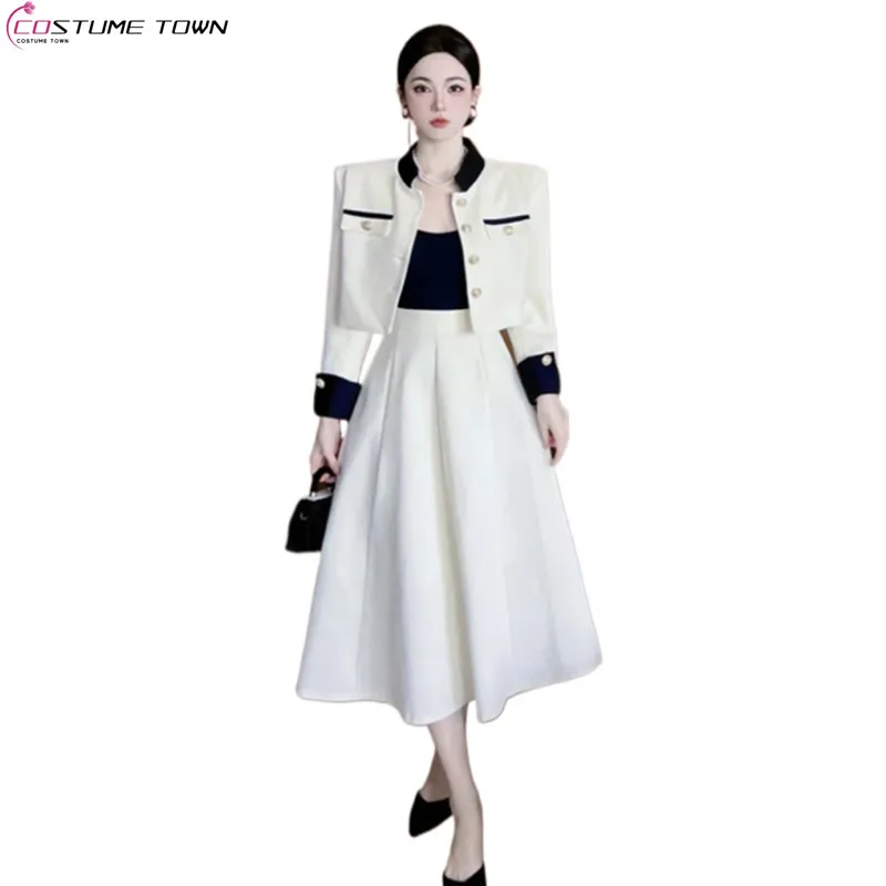 Spring Fall New Vintage Thin Tweed Women 2 Piece Sets Outfits 2022 Stand Collar Single-breasted Jacket Long Skirt Two Piece Sets