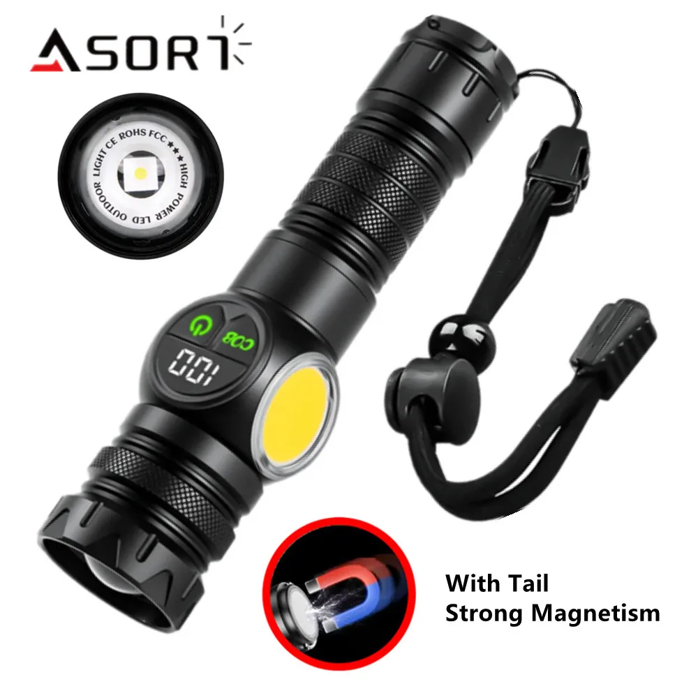 Spotlight Long Range LED Flashlight With Side COB Strong Tail Magnet Lamp Type-C Charging Zoomable Aluminum Alloy Torch Lantern