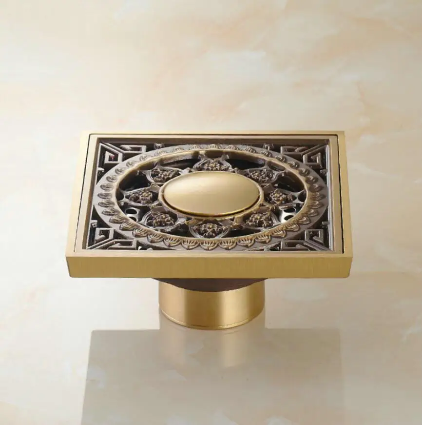 Antique-style copper bathroom anti-odor floor drain, brass vintage insect-proof shower drain, full copper ornate balcony drainag