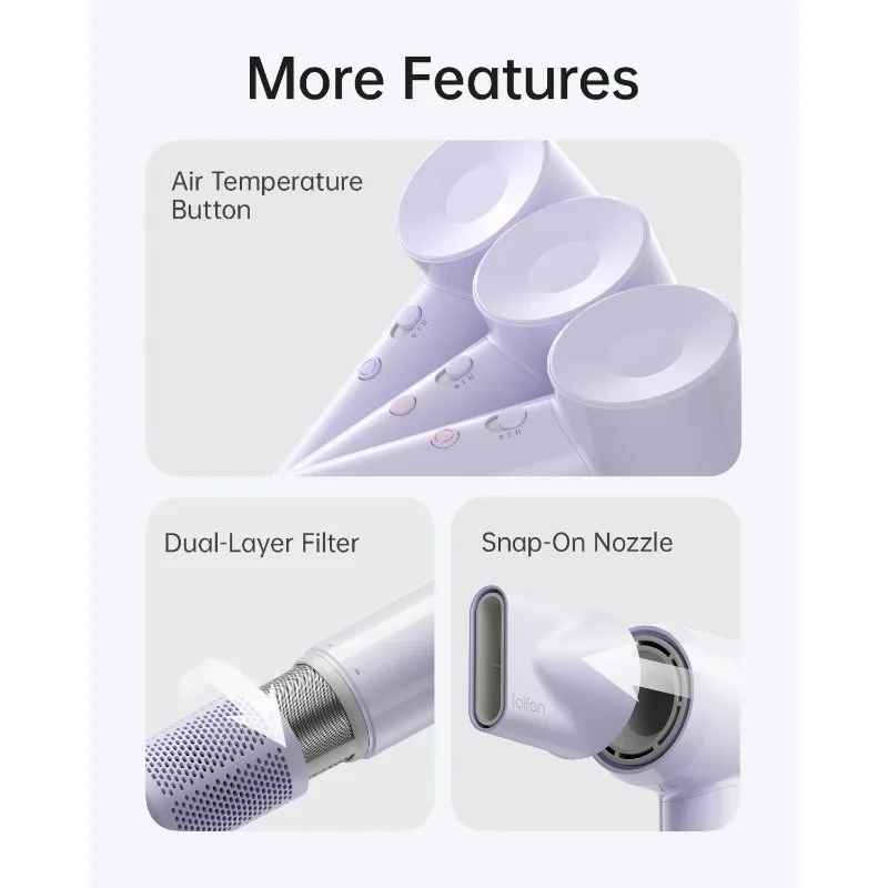 Фен Laifen SE Lite, высокоскоростной двигатель 100 000 об/мин и 150 миллионов отрицательных ионов (фиолетовый, поликарбонат)