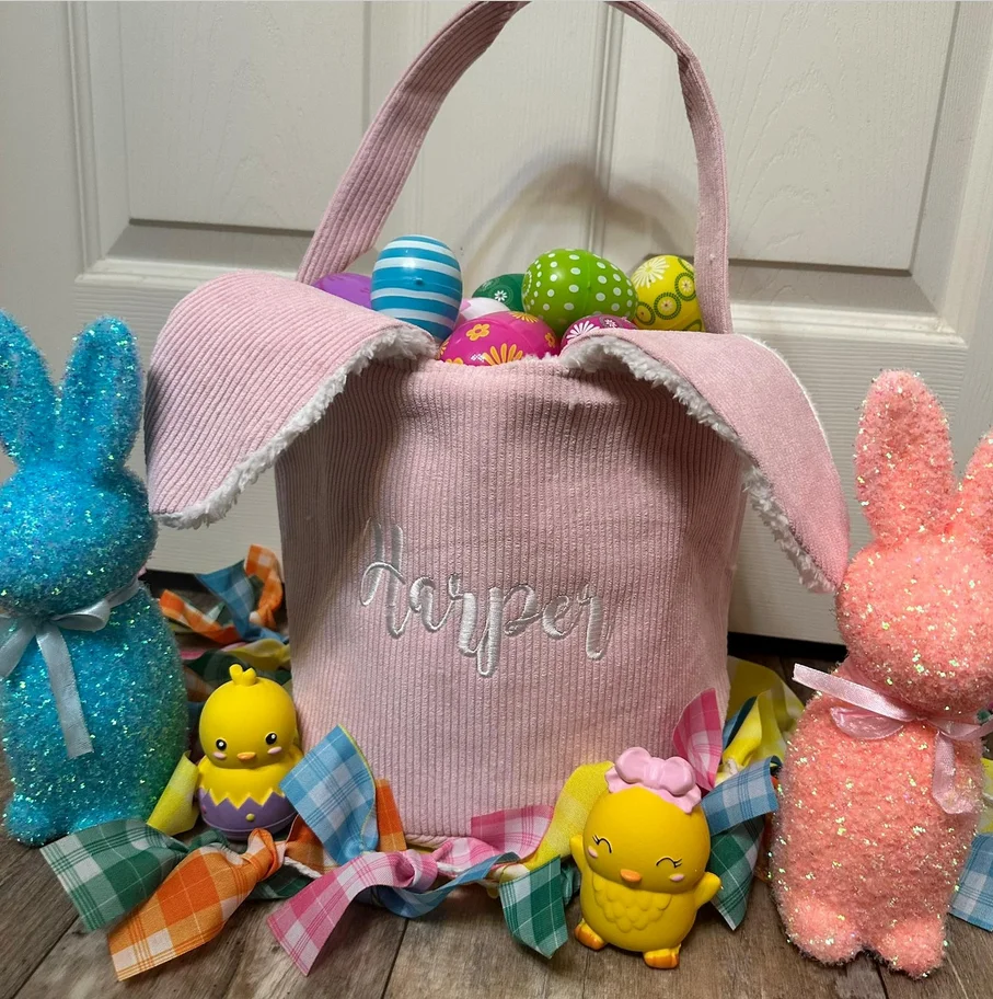 Personalized Easter Basket Bunny Embroidered Name For Kids Hand-held Adorable Egg Tote Bags Hunt Party Decoration Child's Gift