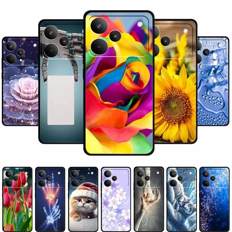 ل Realme P4 Pro 5G 2025 جراب هاتف 6.8 "الزهور رسمت لينة بولي TPU الأسود سيليكون الغطاء الخلفي لحقيبة Realme P 4 Pro Funda RMX5116