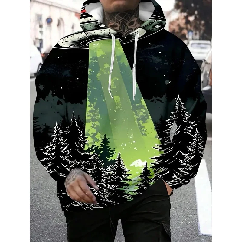 Unisex UFO Alien Forest Starry Sky 3D Print Hoodie Retro Sci-Fi Graphic Long Sleeve Oversized Casual Hooded Pullover Sweatshirt