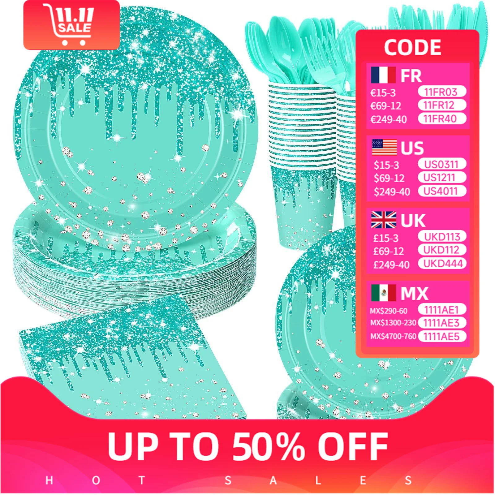 

25PCS Paper Disposable Tableware Set Blue Green Glitter Plates Napkins & Cups for Ladies Birthday, Anniversary & Wedding Party