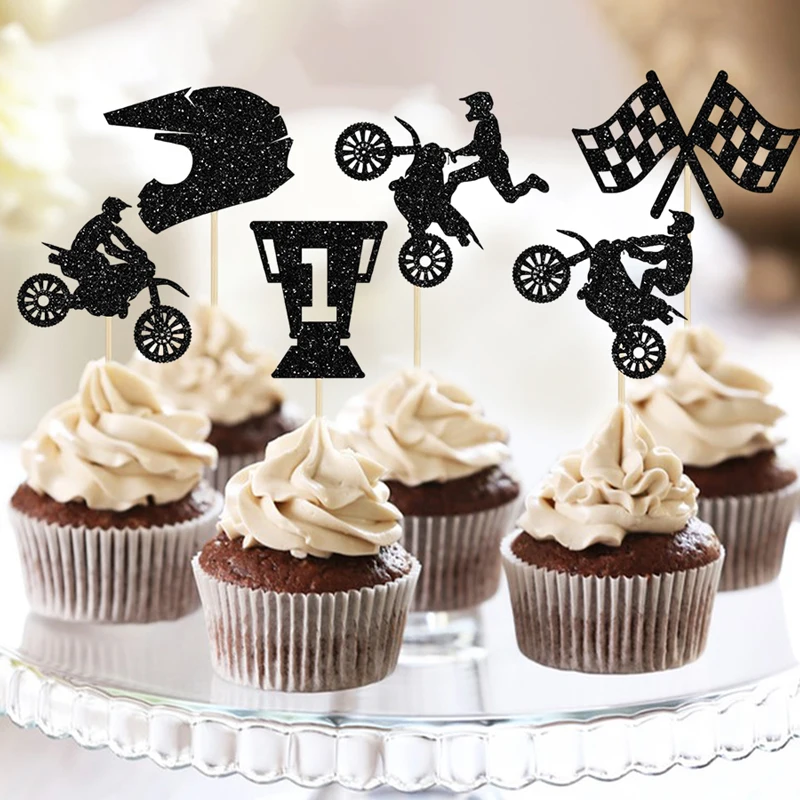YOMDID 24 Stücke Glitter Motorrad Cupcake Topper Motorrad Kuchen Dekoration Motocross Dirt Bike Design Sport Party Supplies