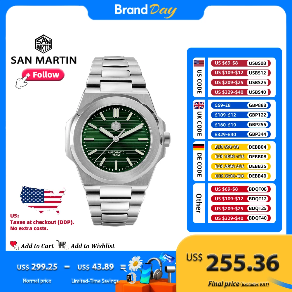 

San Martin 42mm Men Dress Watch Luxury Mechanical Timepiece 200m Waterproof Sapphire PT5000 or SW200 Automatic Movement SN0076