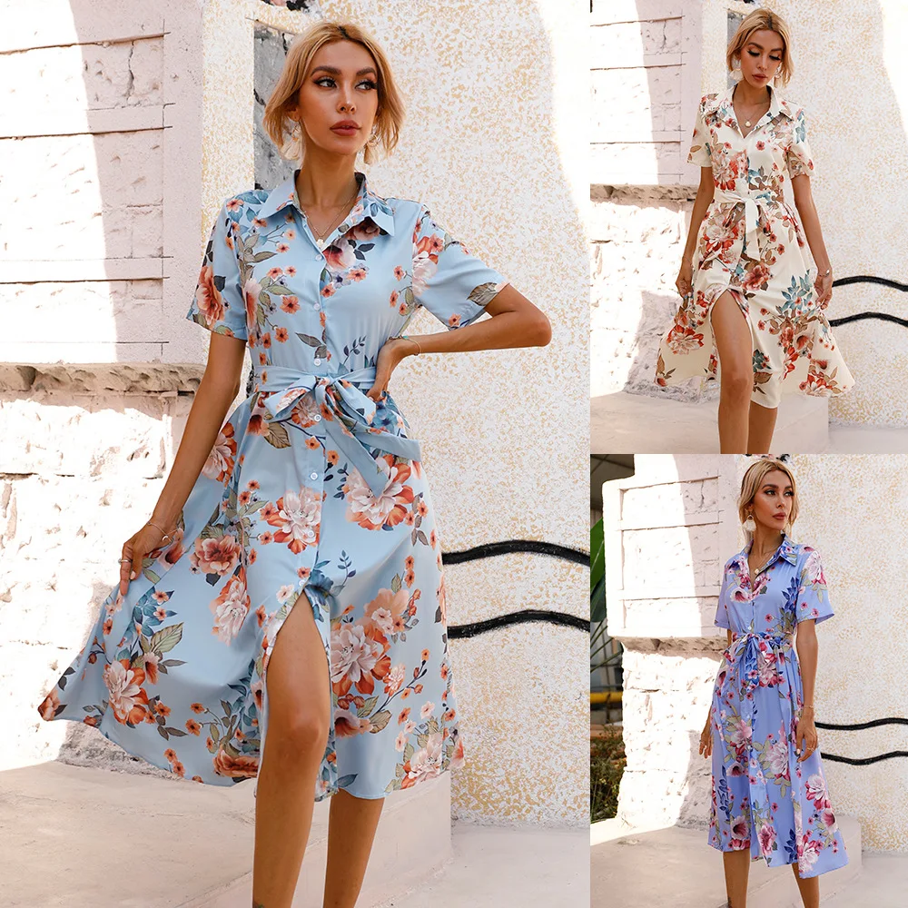 

Woman Summer Elegant Flower Print Midi Dress Button Sashes Party Casual Slim Office Lady Vestidos V Neck Short Sleeve Dresses