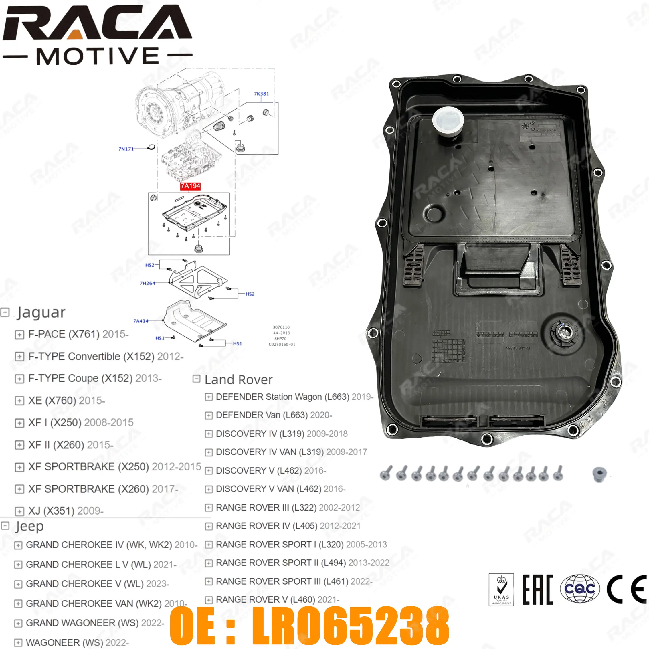 

8-Speed Automatic Transmission Oil Pan Suitable for Jaguar F-Pace F-Type Xe Xf Xj Range Rover Discovery Van Jeep Grand Cherokee/Wagoneer Lr065238 Lr023294 Jde26442