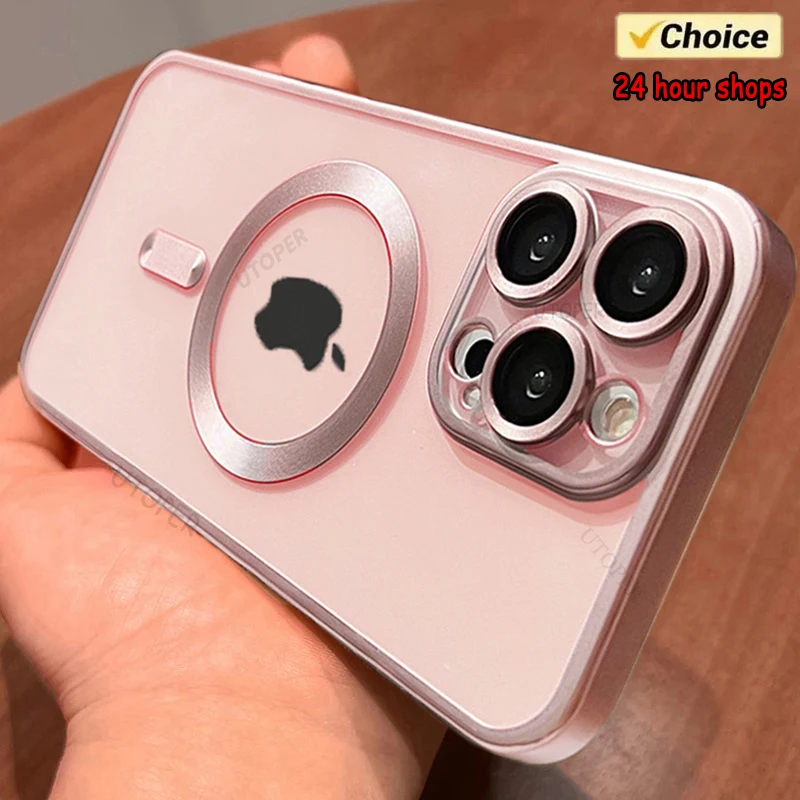 Matte Luxury Magsafe Plating Case for iphone 15 14 13 12 11 Pro Max Plus Wireless Charge with Lens Film Soft Clear Protect Cover