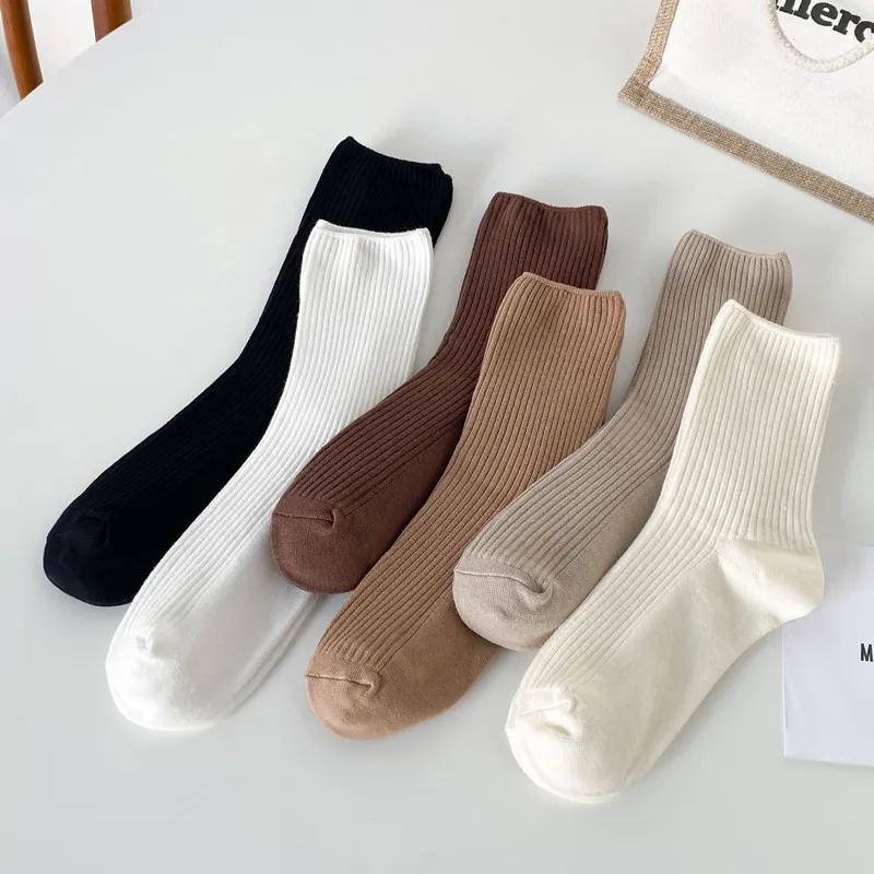 Socks 5Pair Trend Long Stack Socks Cotton Women Harajuku High Socks Loose Solid Double Needles Breathable Knitted Stockings