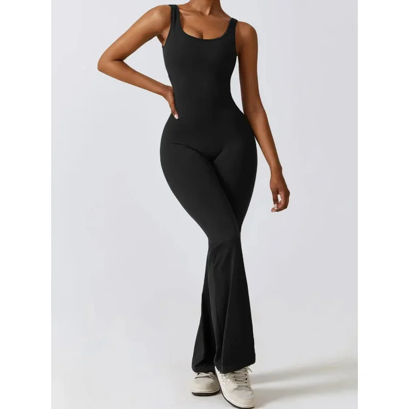 Sports Jumpsuit V-Back Scrunch Push Up Yoga Suits Women Flared Pants Bodysuit Gym Overalls Fitness Rompers Workout One Piece