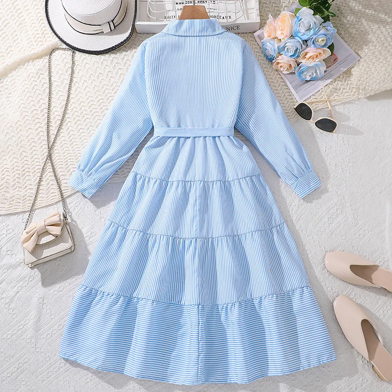 2024 Winter New Girls Dress Long Sleeve Turn-down Collar Sashes Sky Blue Cute Designer Girls Princess Dress Vestido 8-12T