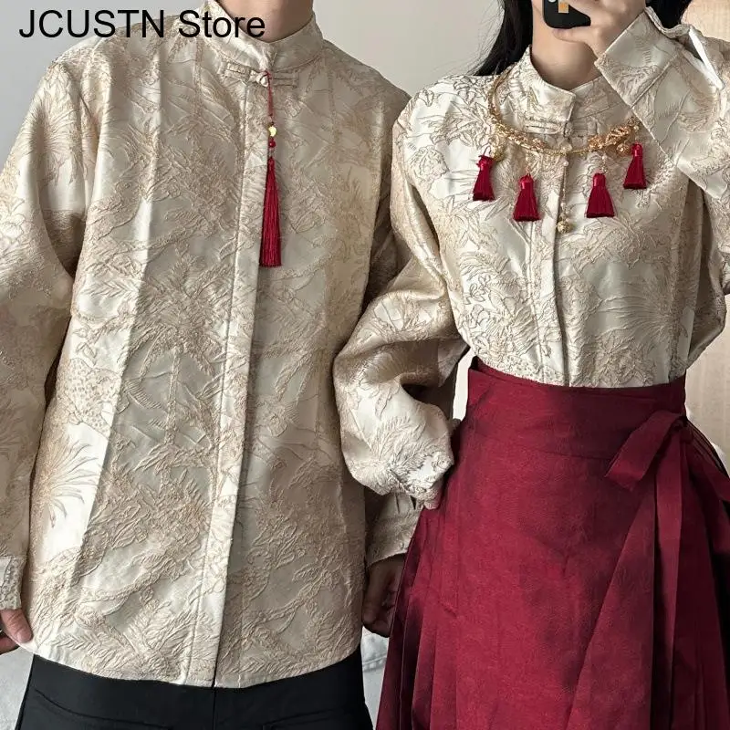 

Одежда Тан в китайском стиле, женские топы ханьфу, жаккардовая юбка с конским лицом, мужские брюки-карго, пара летних новых курток, винтажный костюм