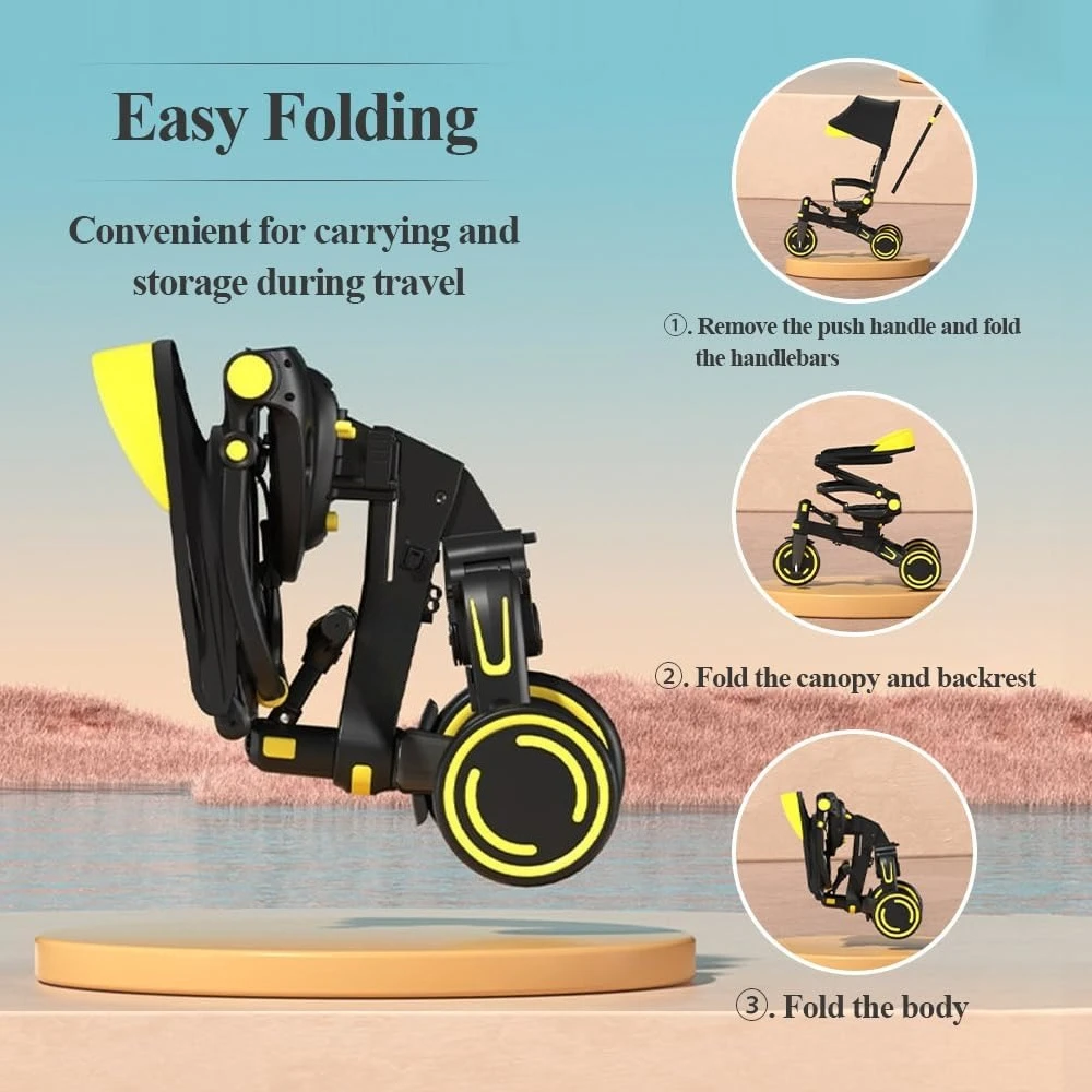 幼児用9-in-1プッシュトライク、調節可能なハンドルと安全ハーネス付きの変形可能なキッズトライク、軽量で折りたたみ可能、男の子と女の子向け