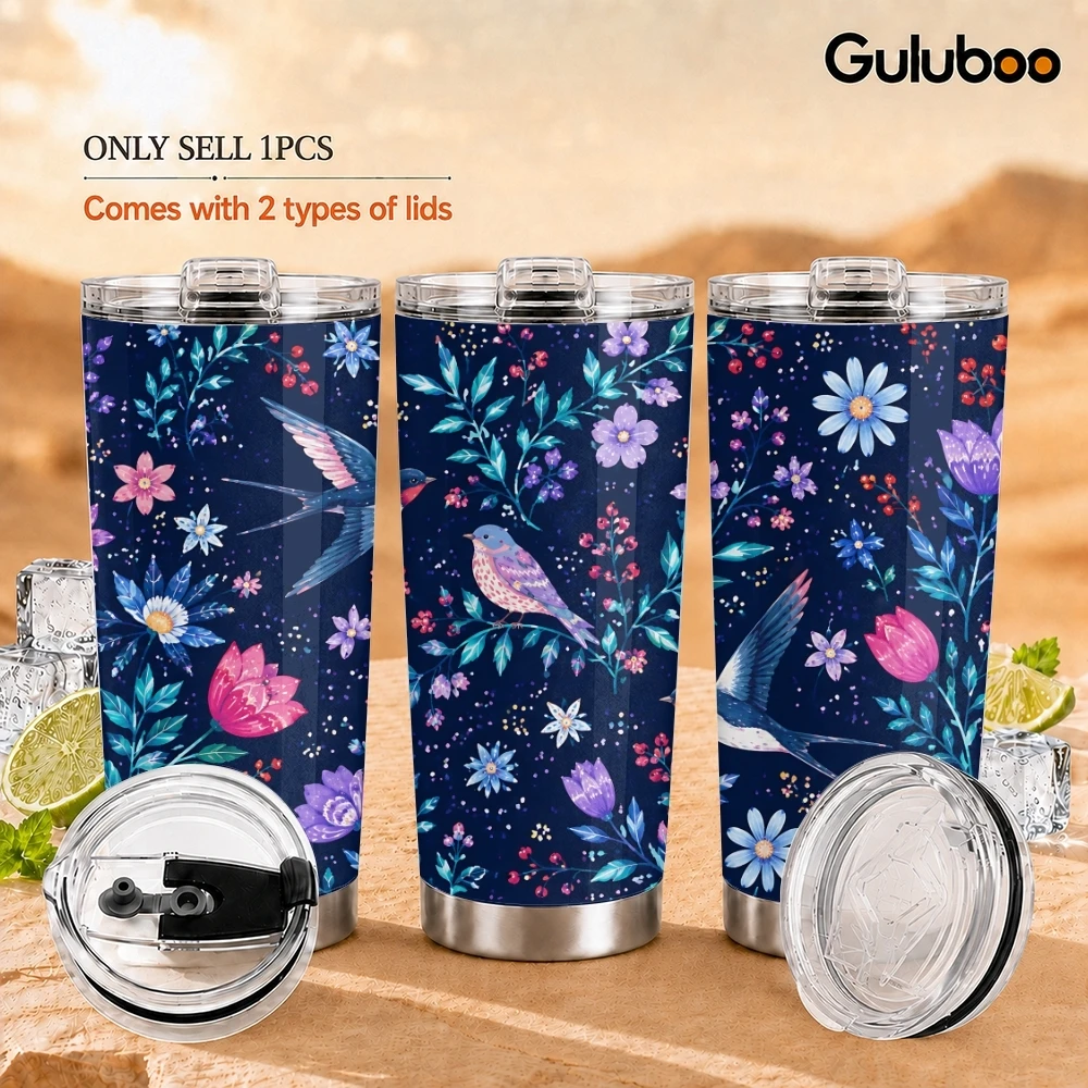 Folk Art Bird Vacuum Flasks 20oz Long Lasting Hot Cold Drinks Container Leakproof Stainless Steel Cup&Straw&Travel Gift