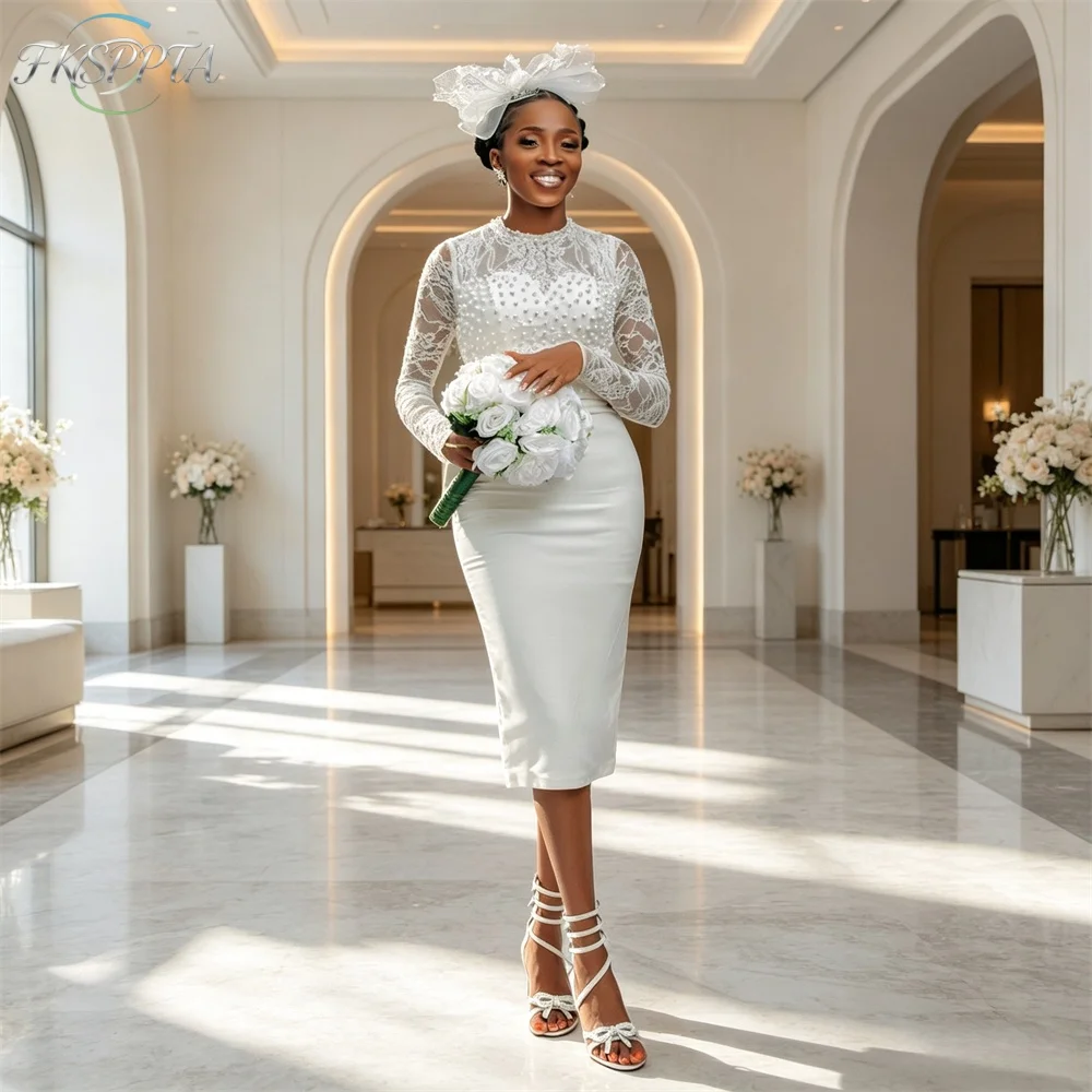 Exquisite White Pearls Satin Wedding Dress Lace Full Sleeves Sheath Tea Length African Bridal Gowns Custom Made Robe De Mariee