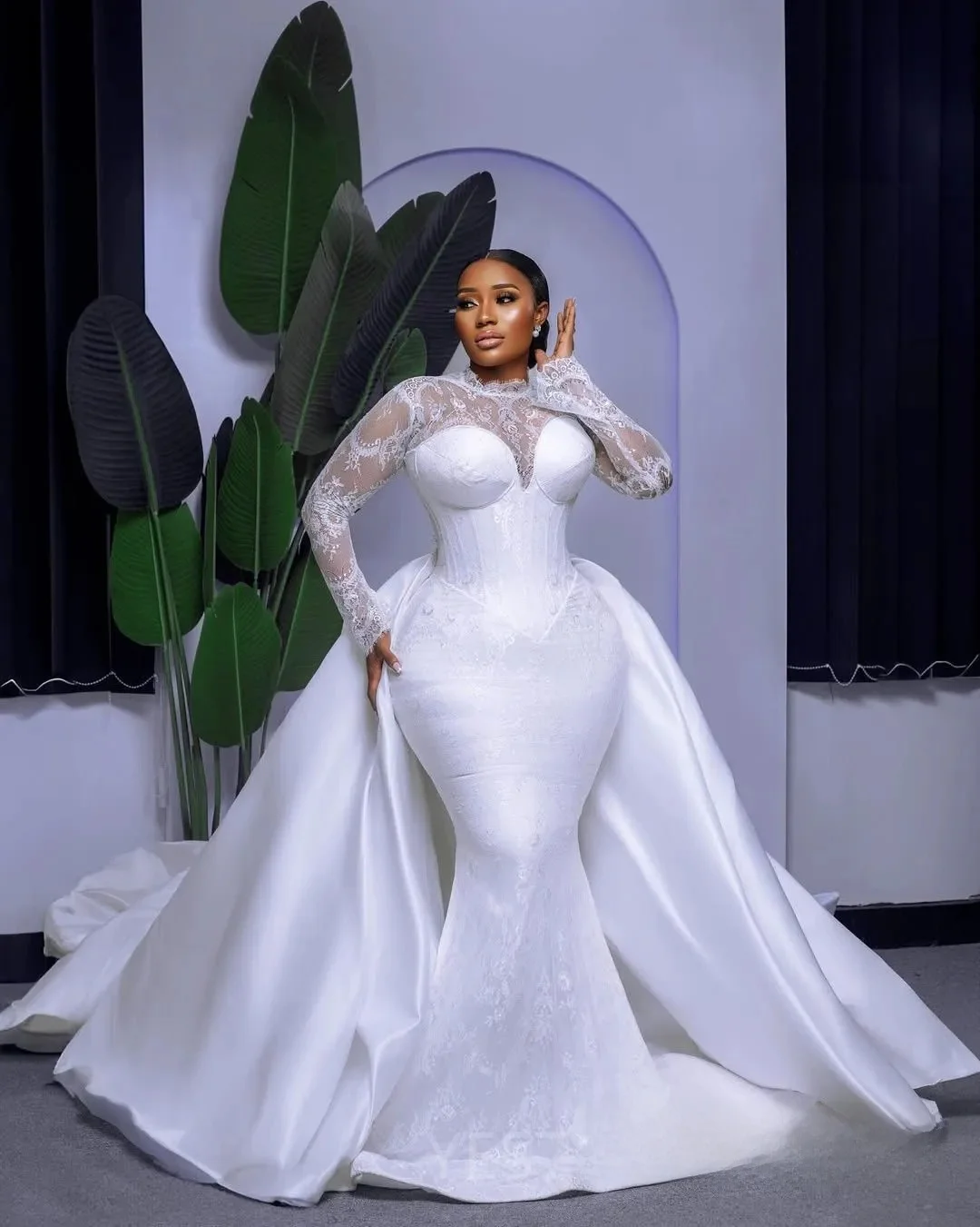 تخصيص زائد حجم فستان الزفاف حورية البحر للعروس انفصال قطار فساتين الزفاف الأفريقية عالية مطرز الدانتيل الأكمام الطويلة #2