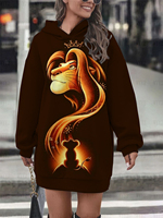 Autumn and Winter Women's New Simple Hooded Sweatshirt Disney Simba The Lion King Printed Girls Casual Long Sleeve Dress