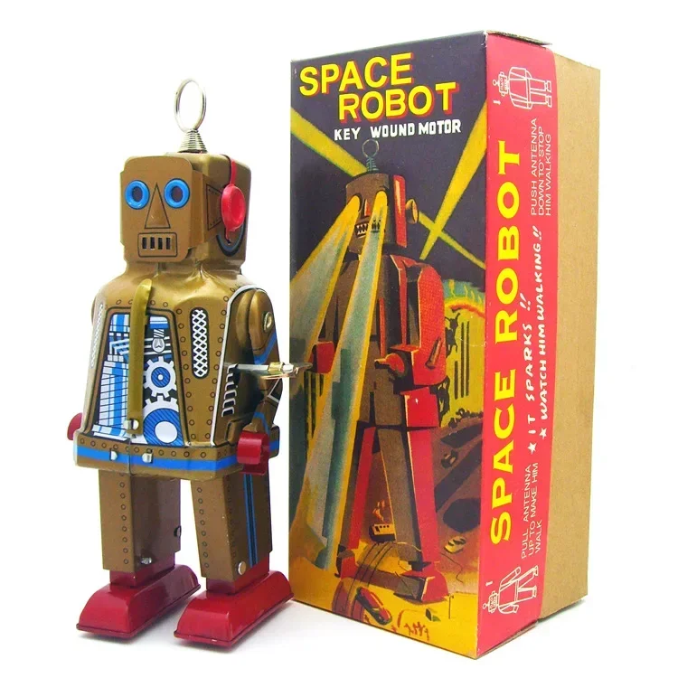 Juguete mecánico de cuerda de Metal para caminar, robot espacial de estaño, llave de motor enrollada, regalo de Navidad, Colección clásica, Retro