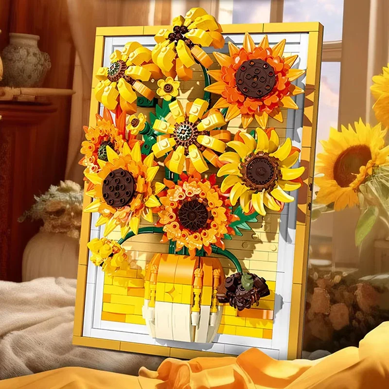 1011 pçs criativo van gogh girassol moldura de foto pintura blocos de construção arte montar tijolos brinquedo presente para crianças