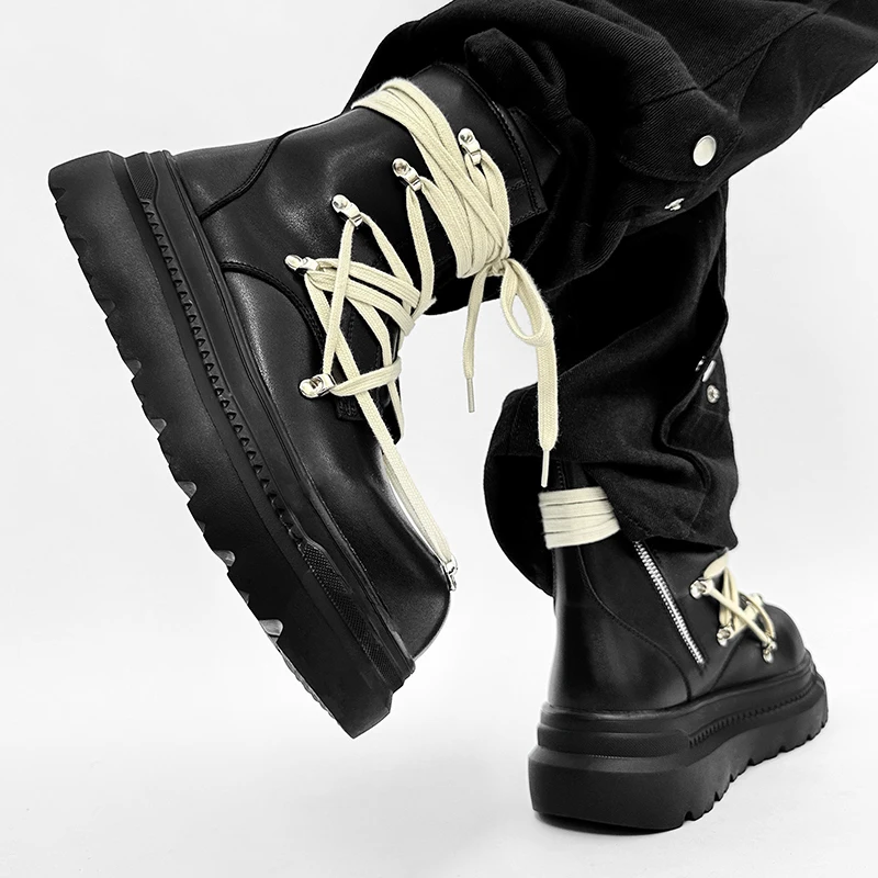 British style men casual punk stage high motorcycle boots black designer shoes cowboy original leather boot trend platform botas