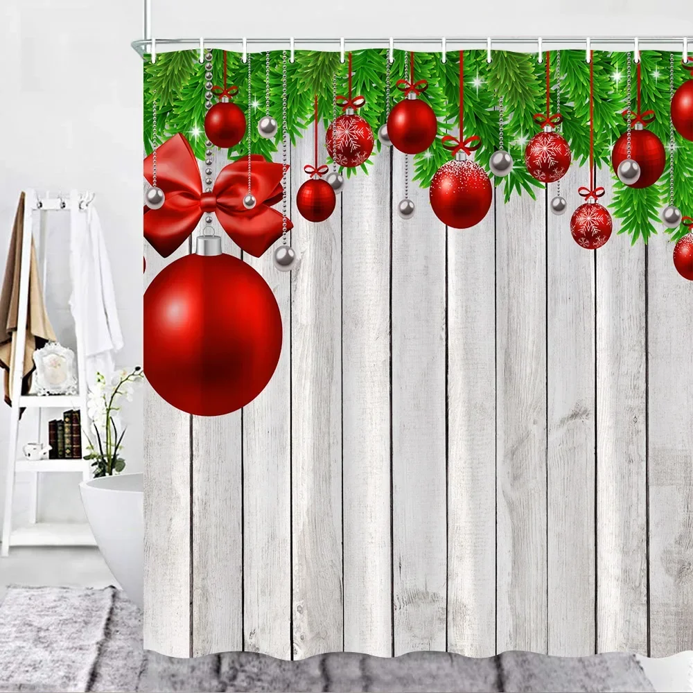 Christmas Shower Curtain Set Red Xmas Balls Fir Christmas Holidays Decor Fabric Hook Bathroom Curtains Bathroom Accessories Sets