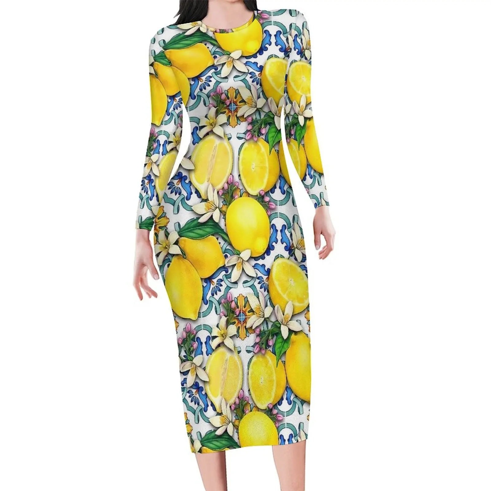 Sicilian Tiles with Citrus Lemon Bodycon Dress Spring  Cute Dresses Ladies Long Sleeve Graphic Street Style Dress Big Size