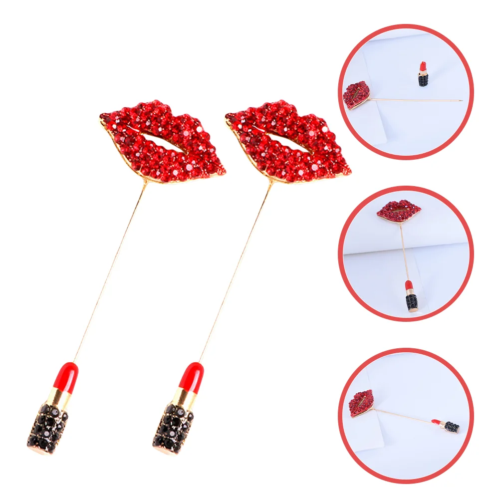 

2 Pcs Alloy Clothing Lipstick Brooch Women's Miss Boutonniere Pins Rhinestone Lapel for Clothes