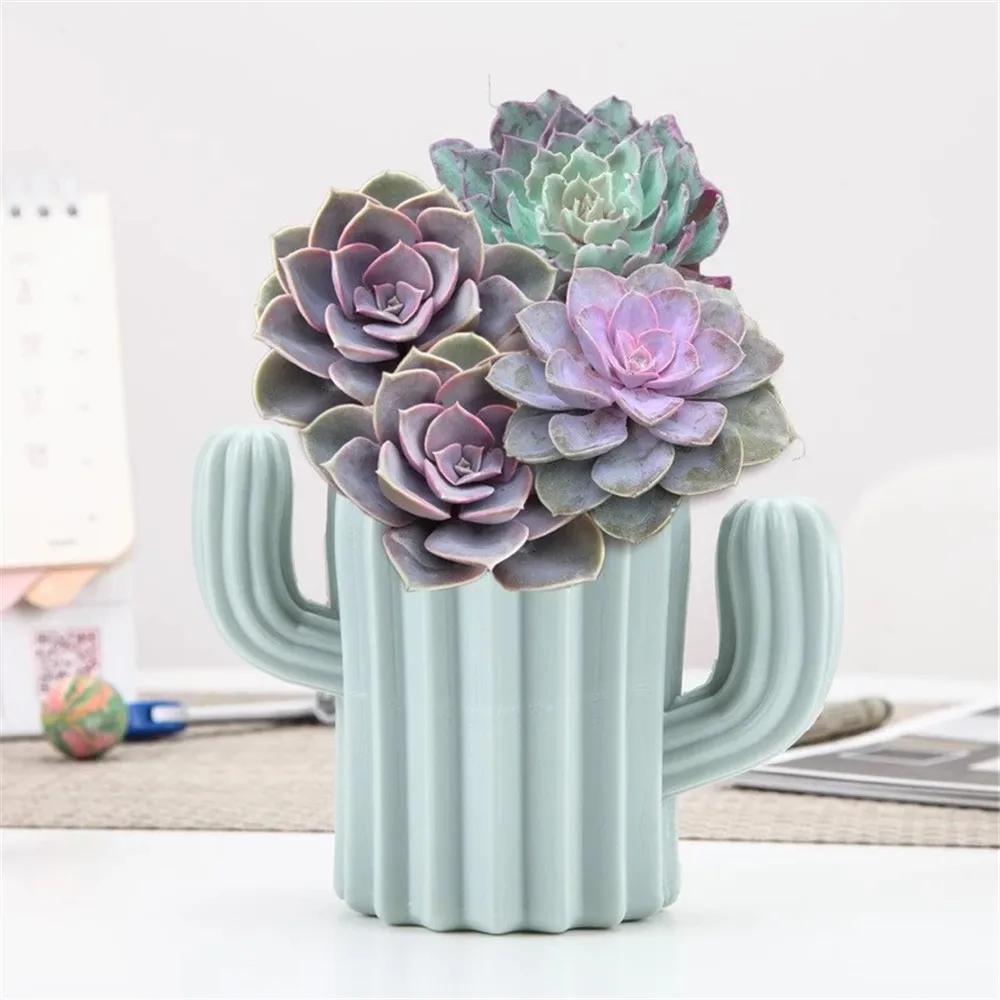 Hot Sales!! Plastic Cactus Shaped Vase Dried Flower Pot Holder Home Office Desktop Decor