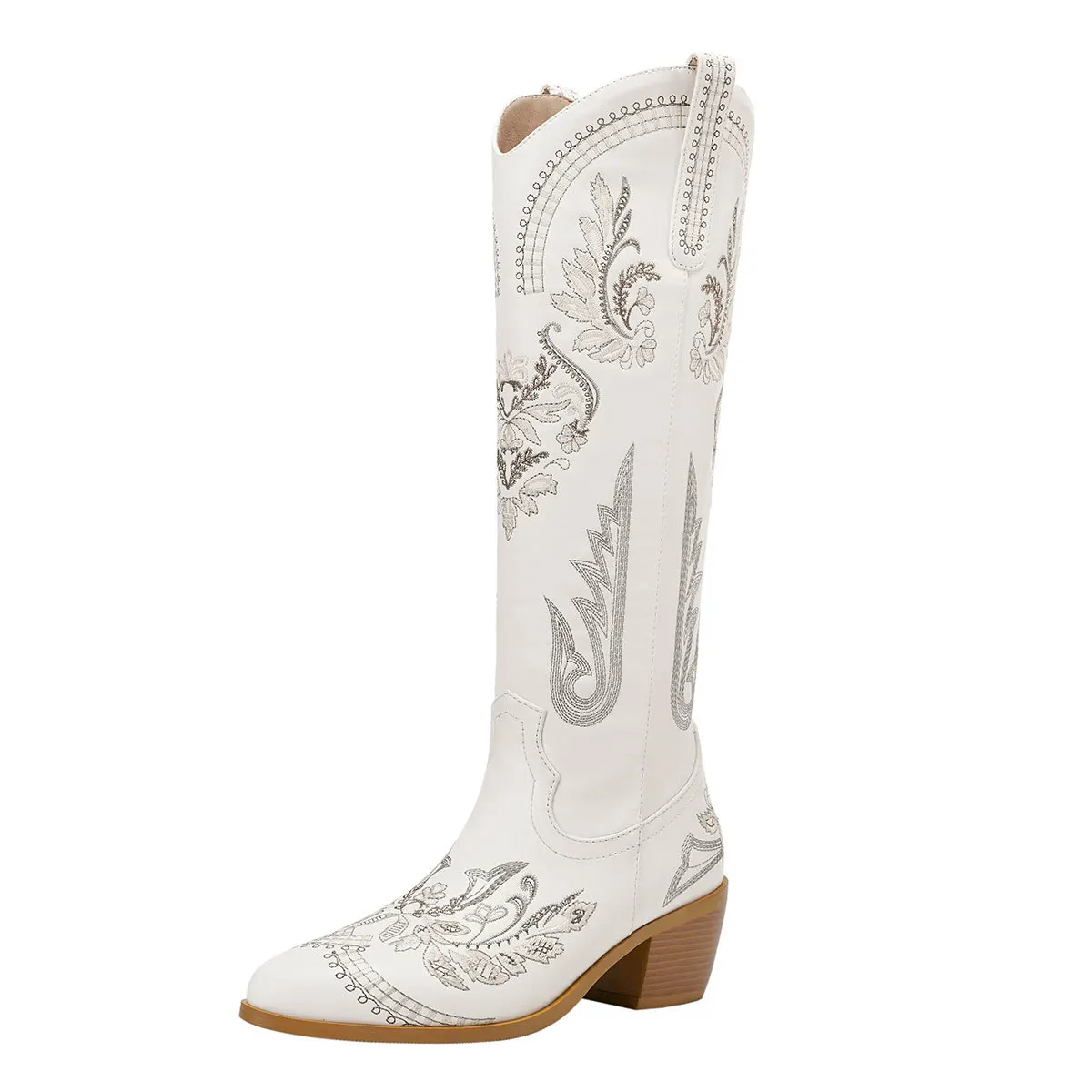 

Women White Leather Western Knee High Boots Fashionable Boots with Intricate Silver Embroidery Ornamental Detail Retro Footwear