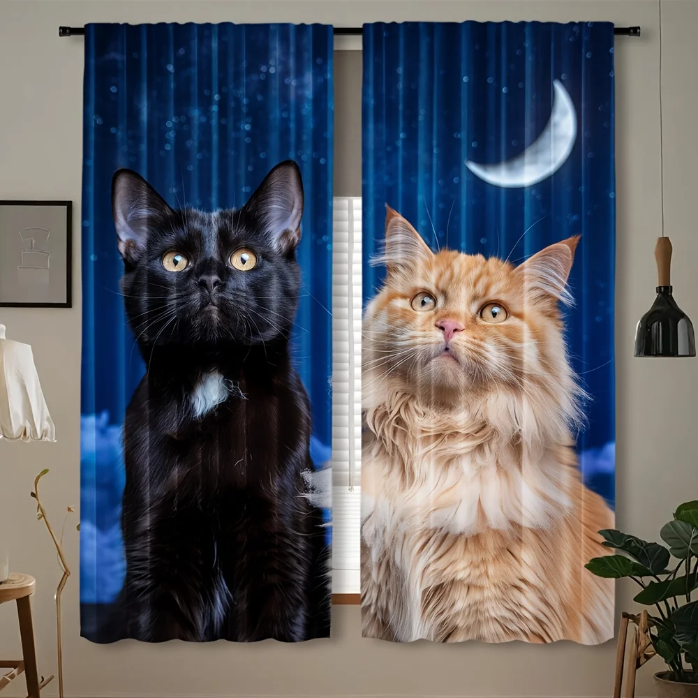 Night Sky Kitten Window Curtains 2 Panels, Tuxedo Cat Fluffy Ginger Cat Moon Star Cloud Vivid Print Drapes for Pet Room Decor