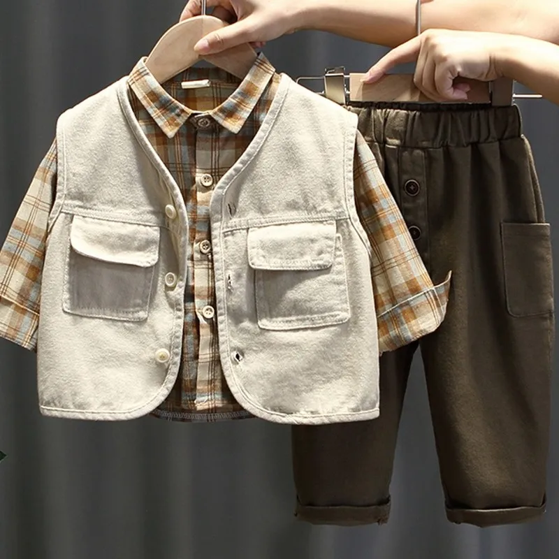 New Boy Sets 3 Pcs Top and Pants  Kids Outfits Children Suit Clothing  Spring   Autumn  ST2022-078